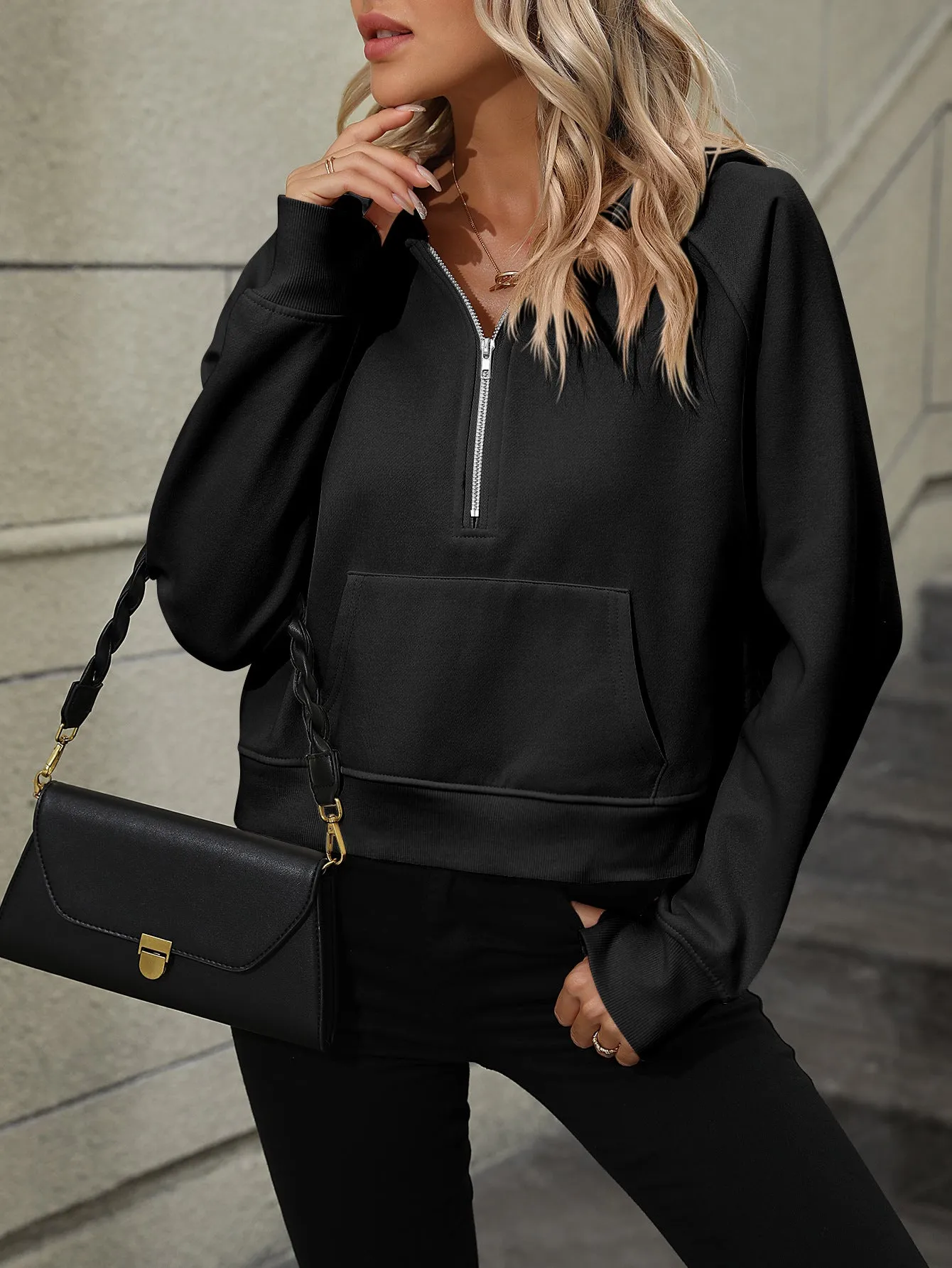 Half Zip Pullover Hooded Sweatshirt Short Fashion Sweater