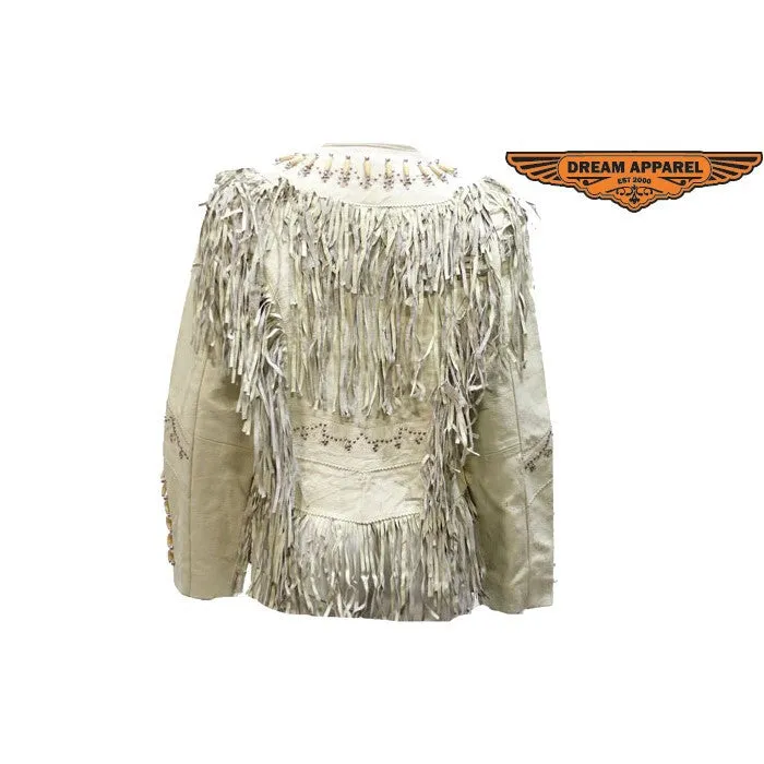 Ladies Off White Western Style Leather Jacket with Beads, Studs, Bone and Fringes