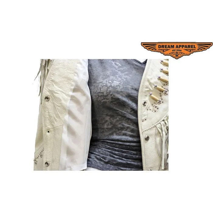 Ladies Off White Western Style Leather Jacket with Beads, Studs, Bone and Fringes