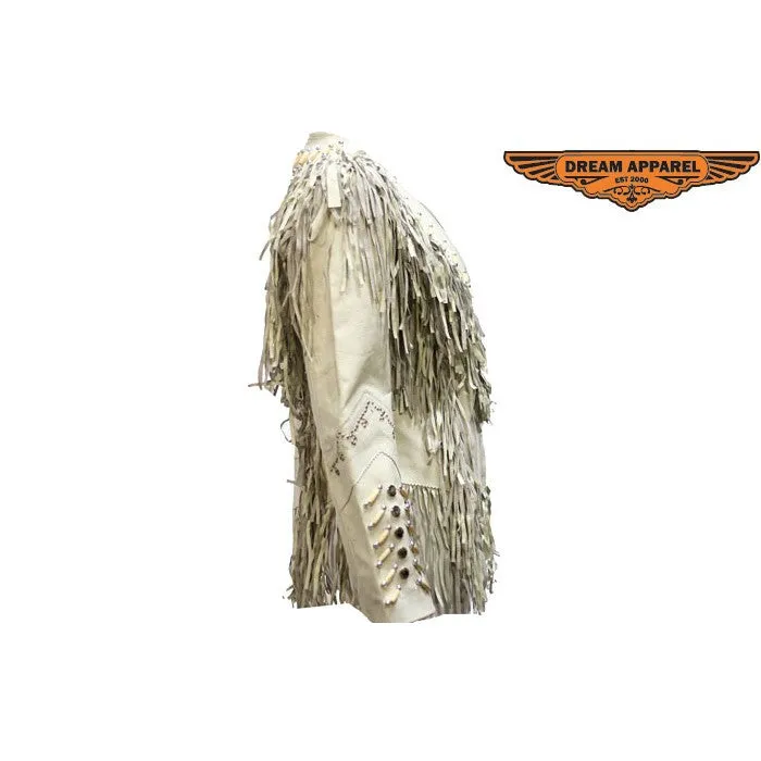 Ladies Off White Western Style Leather Jacket with Beads, Studs, Bone and Fringes