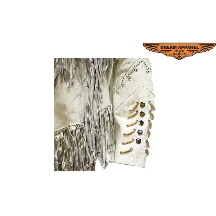 Ladies Off White Western Style Leather Jacket with Beads, Studs, Bone and Fringes