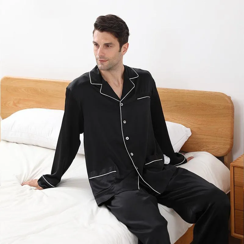 Long Sleeves Classic Silk Pyjamas Set For Men 100% Mulberry Silk Nightwear Sleepwear