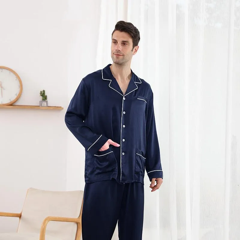 Long Sleeves Classic Silk Pyjamas Set For Men 100% Mulberry Silk Nightwear Sleepwear