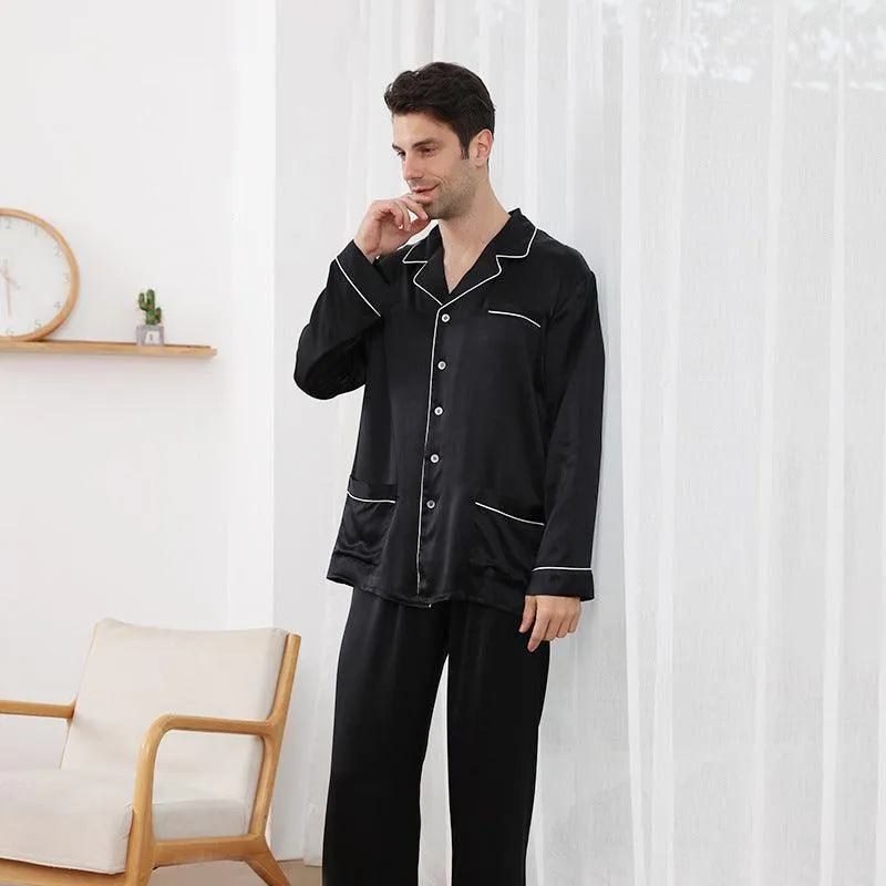 Long Sleeves Classic Silk Pyjamas Set For Men 100% Mulberry Silk Nightwear Sleepwear