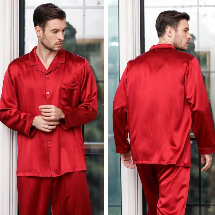 Luxury Classic Men‘s Silk Pajamas Set 100% Mulberry Silk Long Sleeves Solid Nightwear Sleepwear