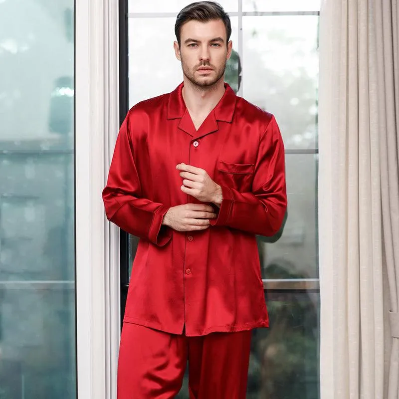 Luxury Classic Men‘s Silk Pajamas Set 100% Mulberry Silk Long Sleeves Solid Nightwear Sleepwear