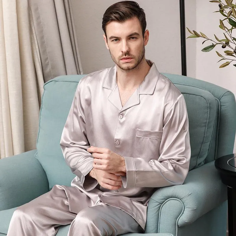 Luxury Classic Men‘s Silk Pajamas Set 100% Mulberry Silk Long Sleeves Solid Nightwear Sleepwear