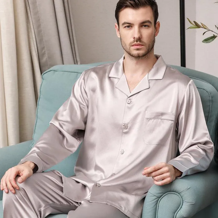 Luxury Classic Men‘s Silk Pajamas Set 100% Mulberry Silk Long Sleeves Solid Nightwear Sleepwear