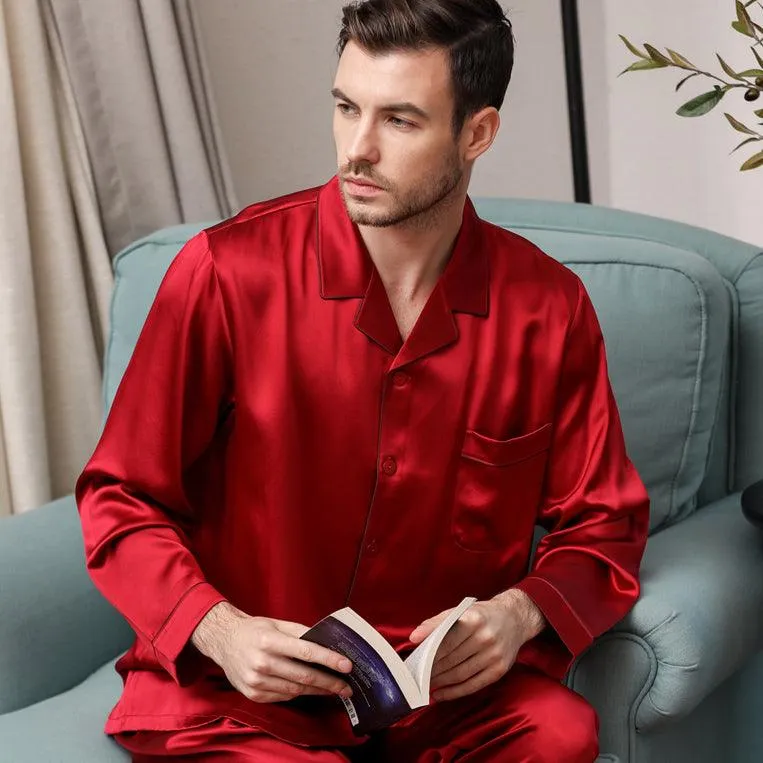 Luxury Classic Men‘s Silk Pajamas Set 100% Mulberry Silk Long Sleeves Solid Nightwear Sleepwear