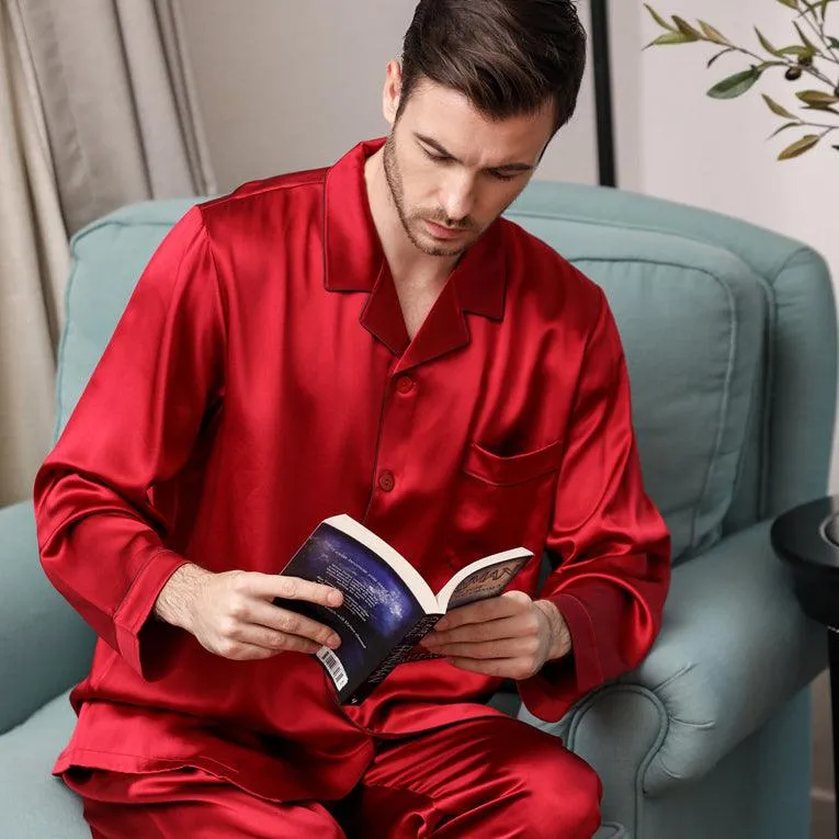 Luxury Classic Men‘s Silk Pajamas Set 100% Mulberry Silk Long Sleeves Solid Nightwear Sleepwear