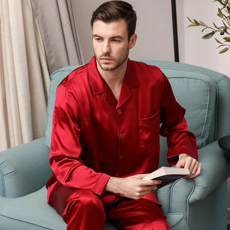 Luxury Classic Men‘s Silk Pajamas Set 100% Mulberry Silk Long Sleeves Solid Nightwear Sleepwear