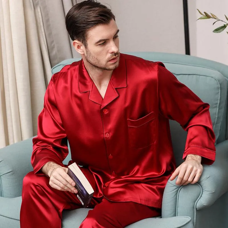 Luxury Classic Men‘s Silk Pajamas Set 100% Mulberry Silk Long Sleeves Solid Nightwear Sleepwear