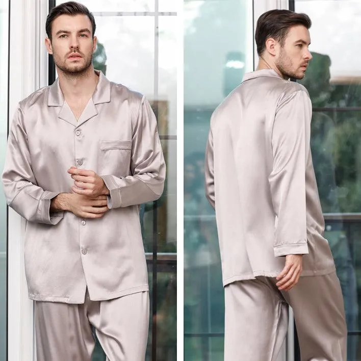 Luxury Classic Men‘s Silk Pajamas Set 100% Mulberry Silk Long Sleeves Solid Nightwear Sleepwear