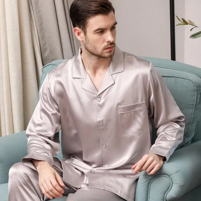 Luxury Classic Men‘s Silk Pajamas Set 100% Mulberry Silk Long Sleeves Solid Nightwear Sleepwear