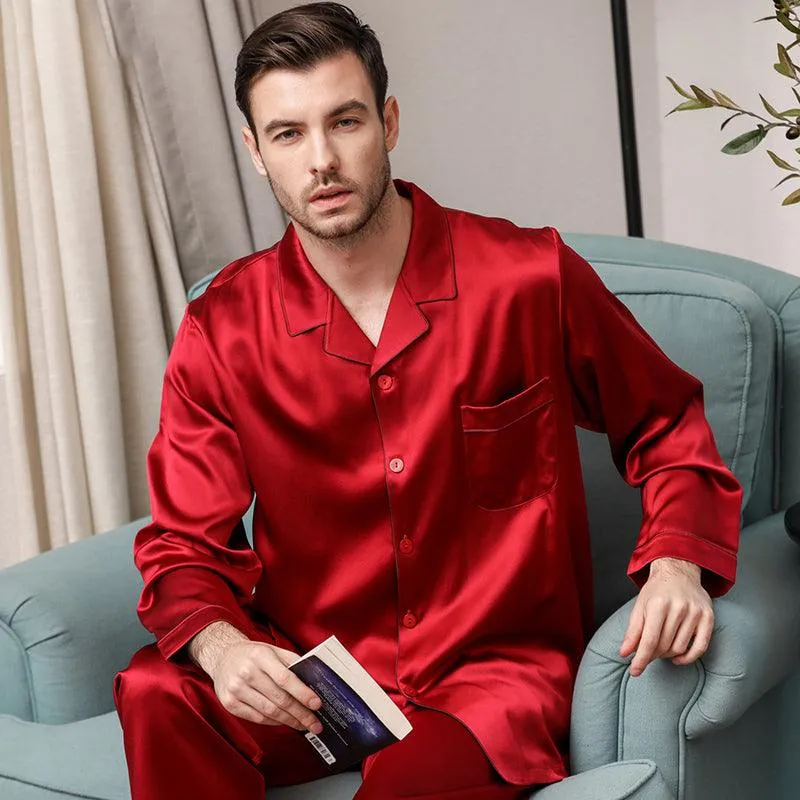 Luxury Classic Men‘s Silk Pajamas Set 100% Mulberry Silk Long Sleeves Solid Nightwear Sleepwear