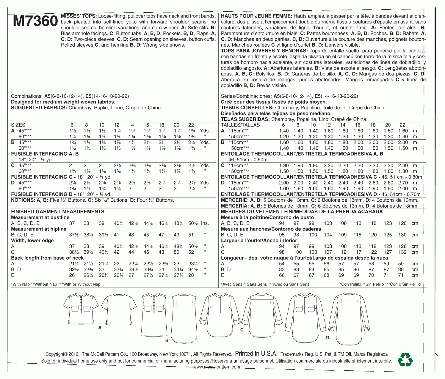 McCall's Pattern M7360 Misses' Henley Tops