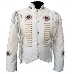 Men's Cowboy Leather Jacket Western Coat Fringes Beads White Jacket