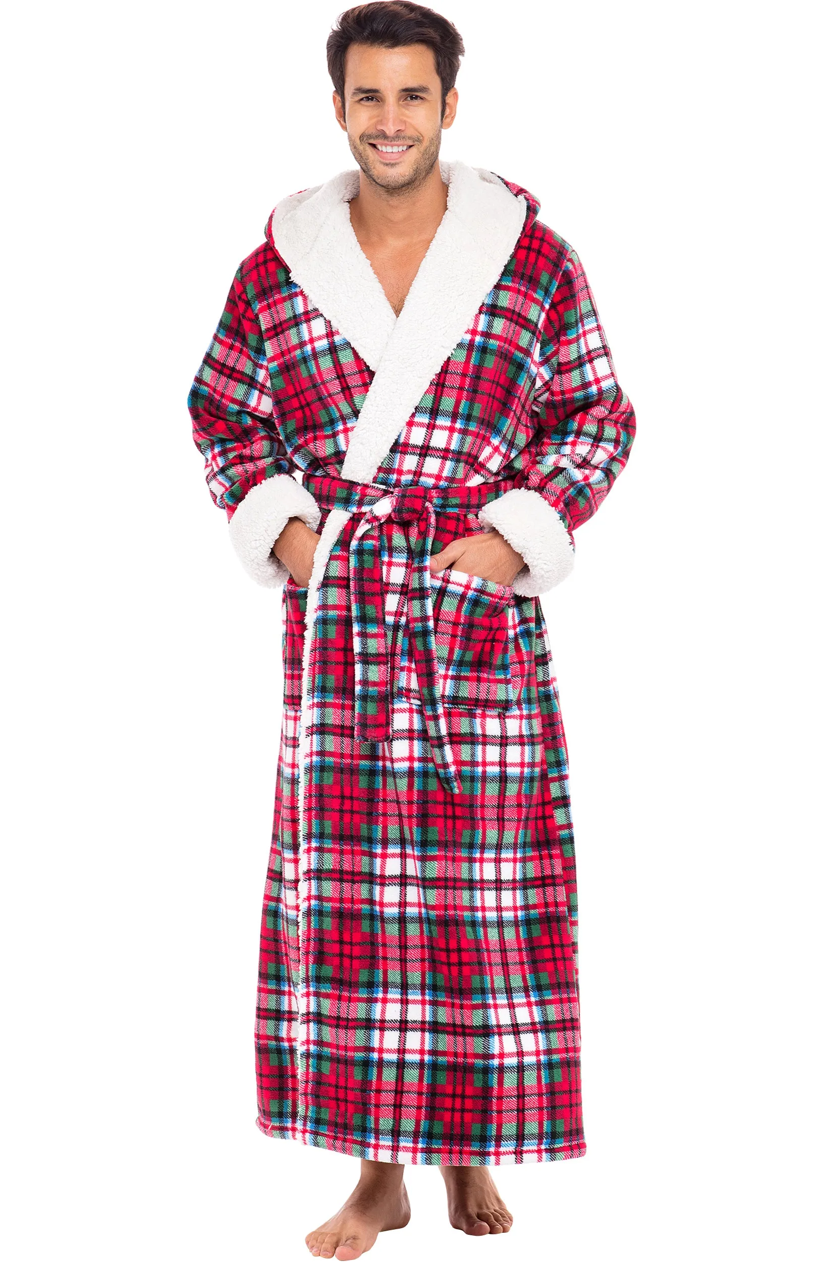 Men’s Long Hooded Sherpa Robe, Hooded Big and Tall Plush Fleece Hoodie Bathrobe