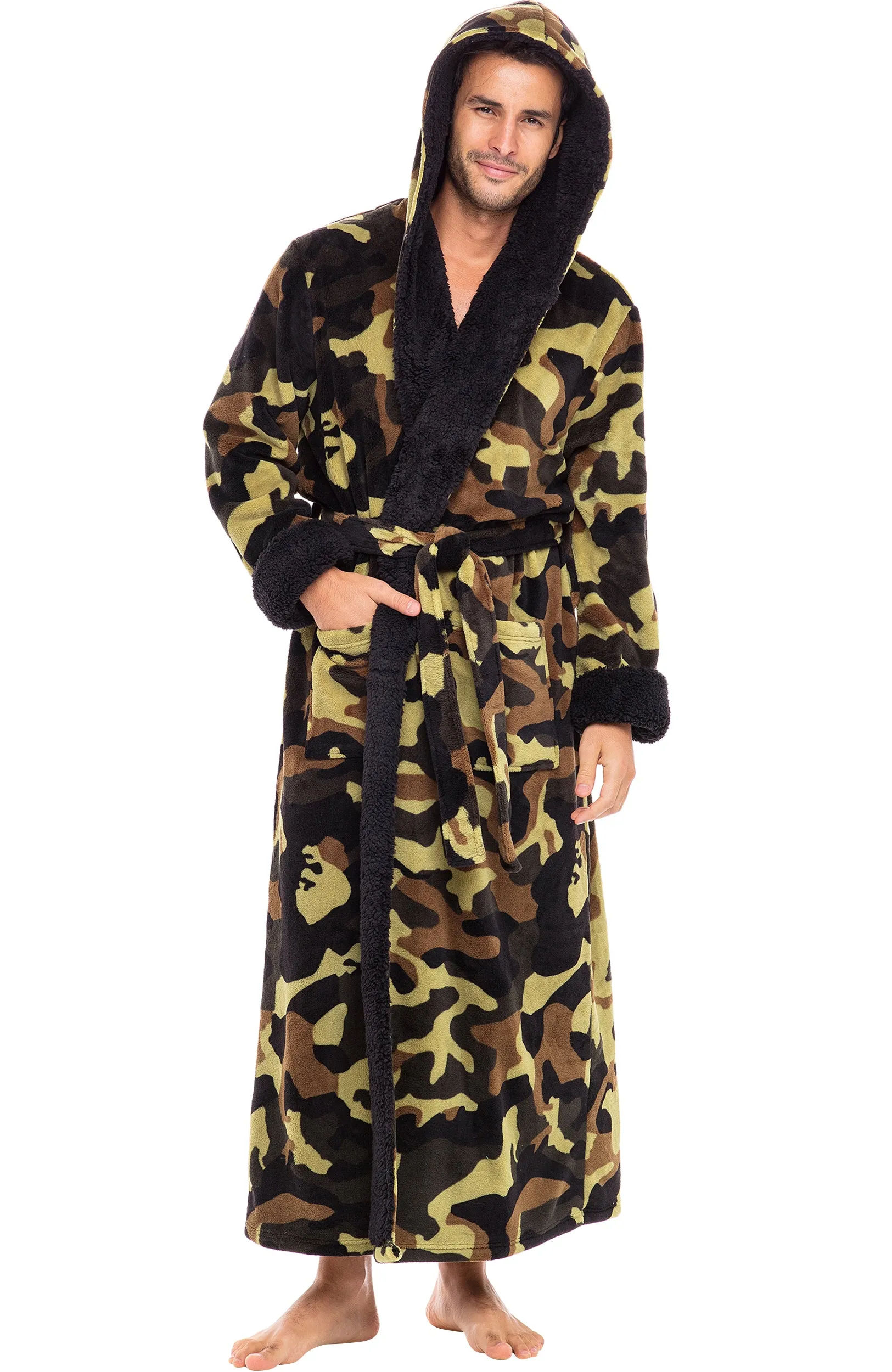 Men’s Long Hooded Sherpa Robe, Hooded Big and Tall Plush Fleece Hoodie Bathrobe