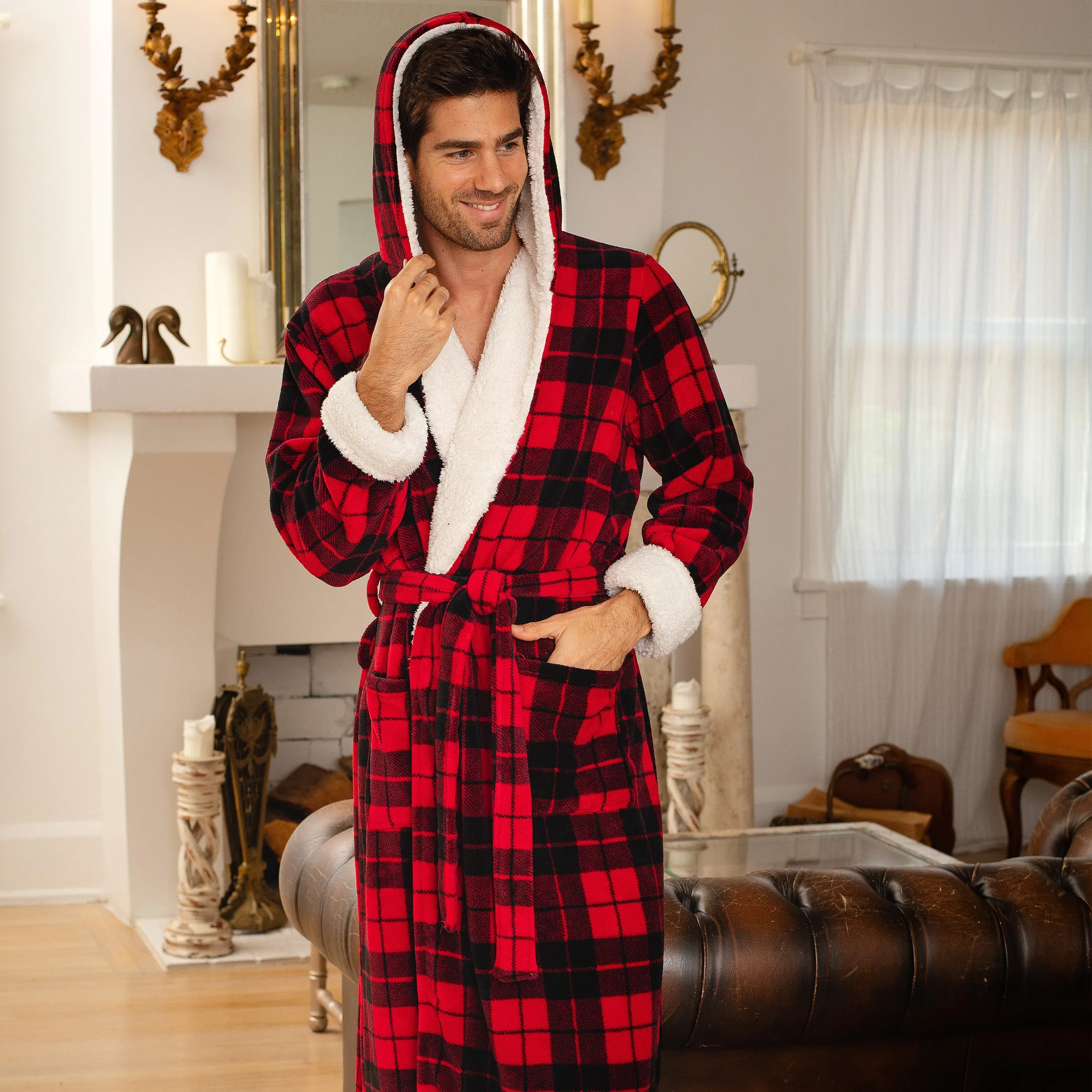 Men’s Long Hooded Sherpa Robe, Hooded Big and Tall Plush Fleece Hoodie Bathrobe