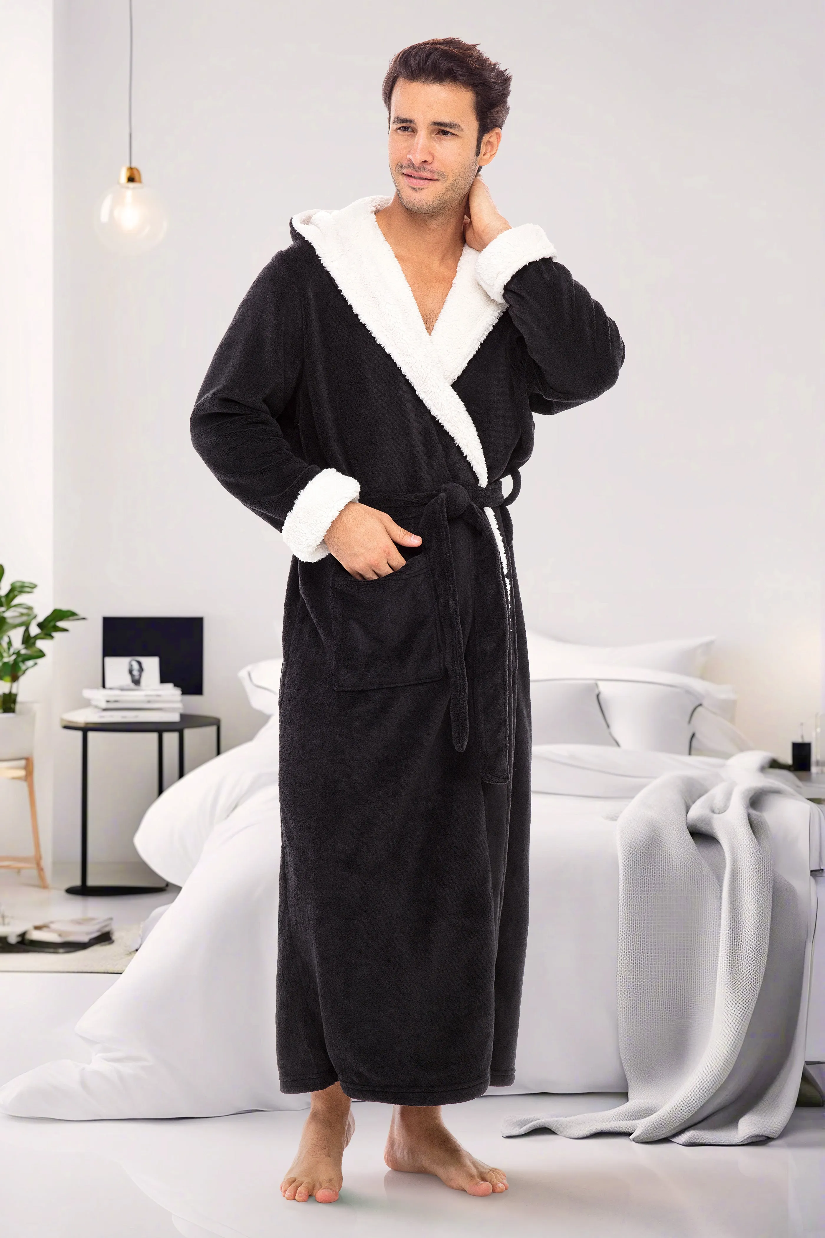 Men’s Long Hooded Sherpa Robe, Hooded Big and Tall Plush Fleece Hoodie Bathrobe