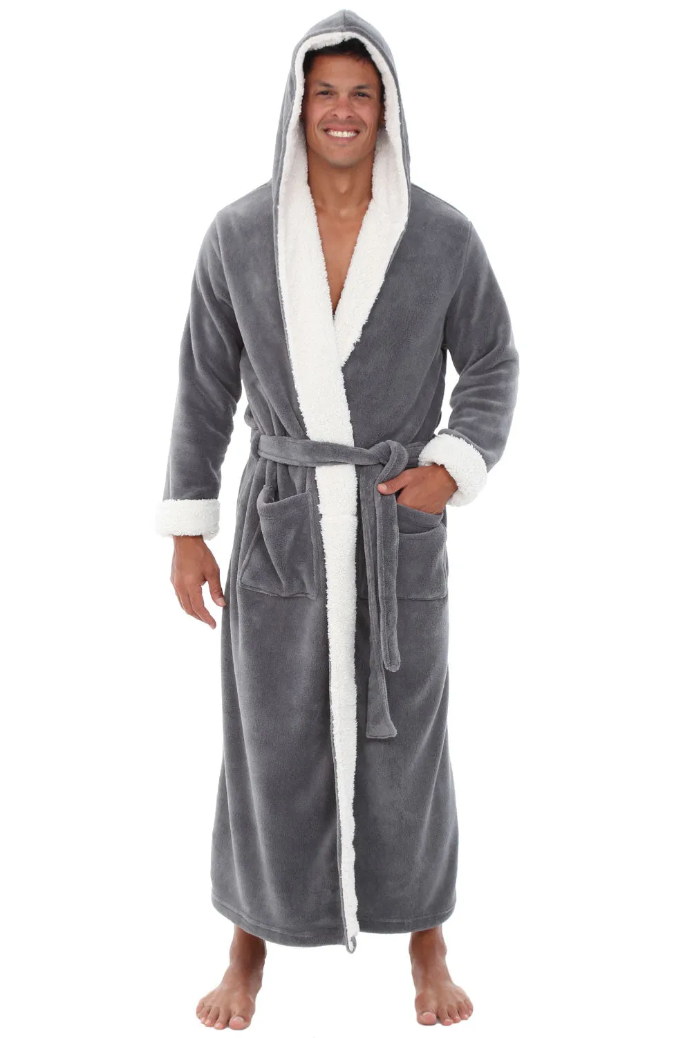 Men’s Long Hooded Sherpa Robe, Hooded Big and Tall Plush Fleece Hoodie Bathrobe