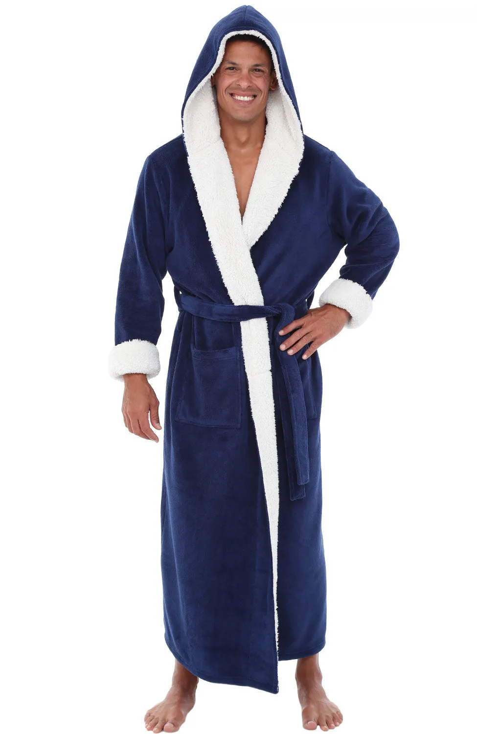 Men’s Long Hooded Sherpa Robe, Hooded Big and Tall Plush Fleece Hoodie Bathrobe