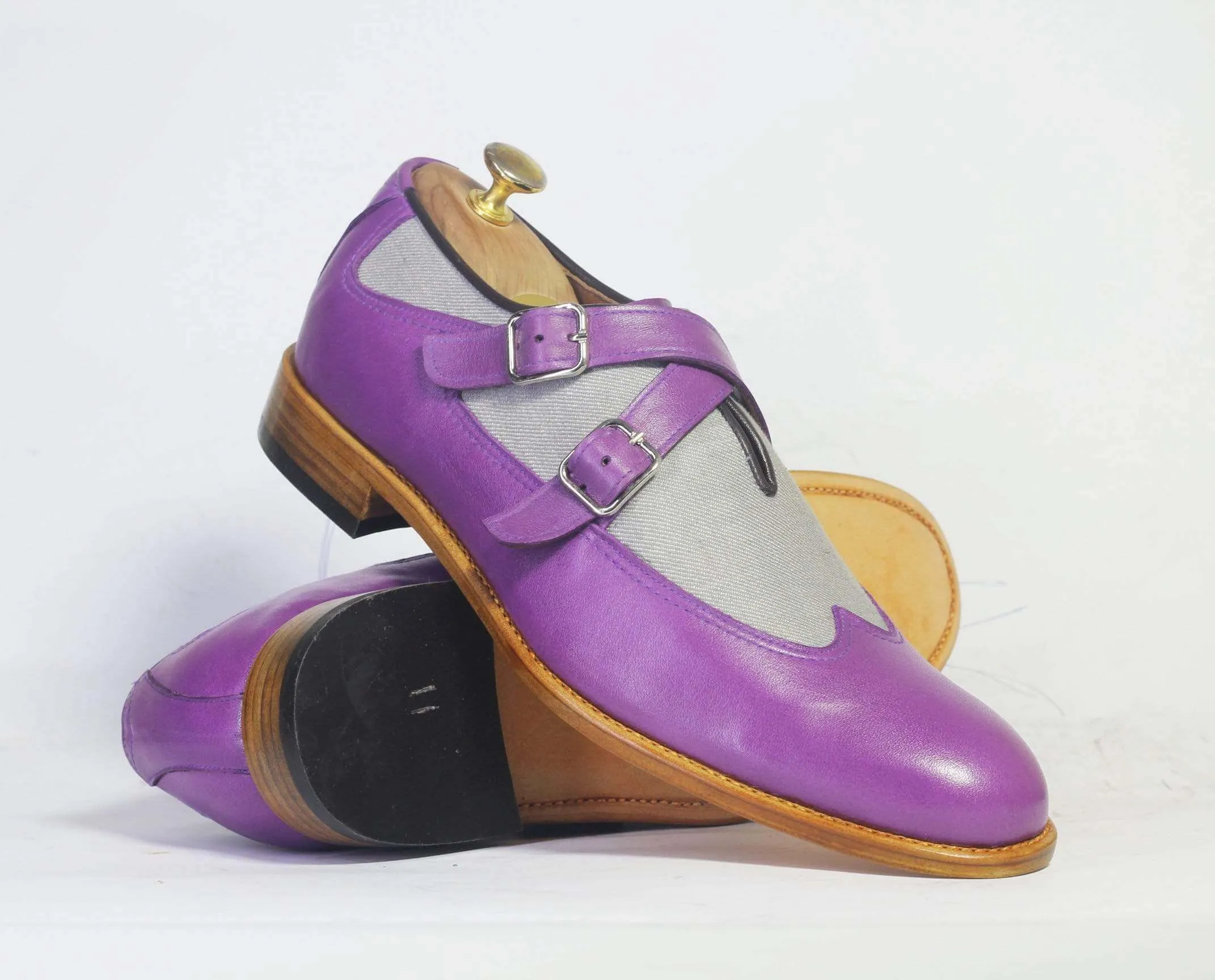 Men's Purple Gray Monk Straps Leather Denim Shoe