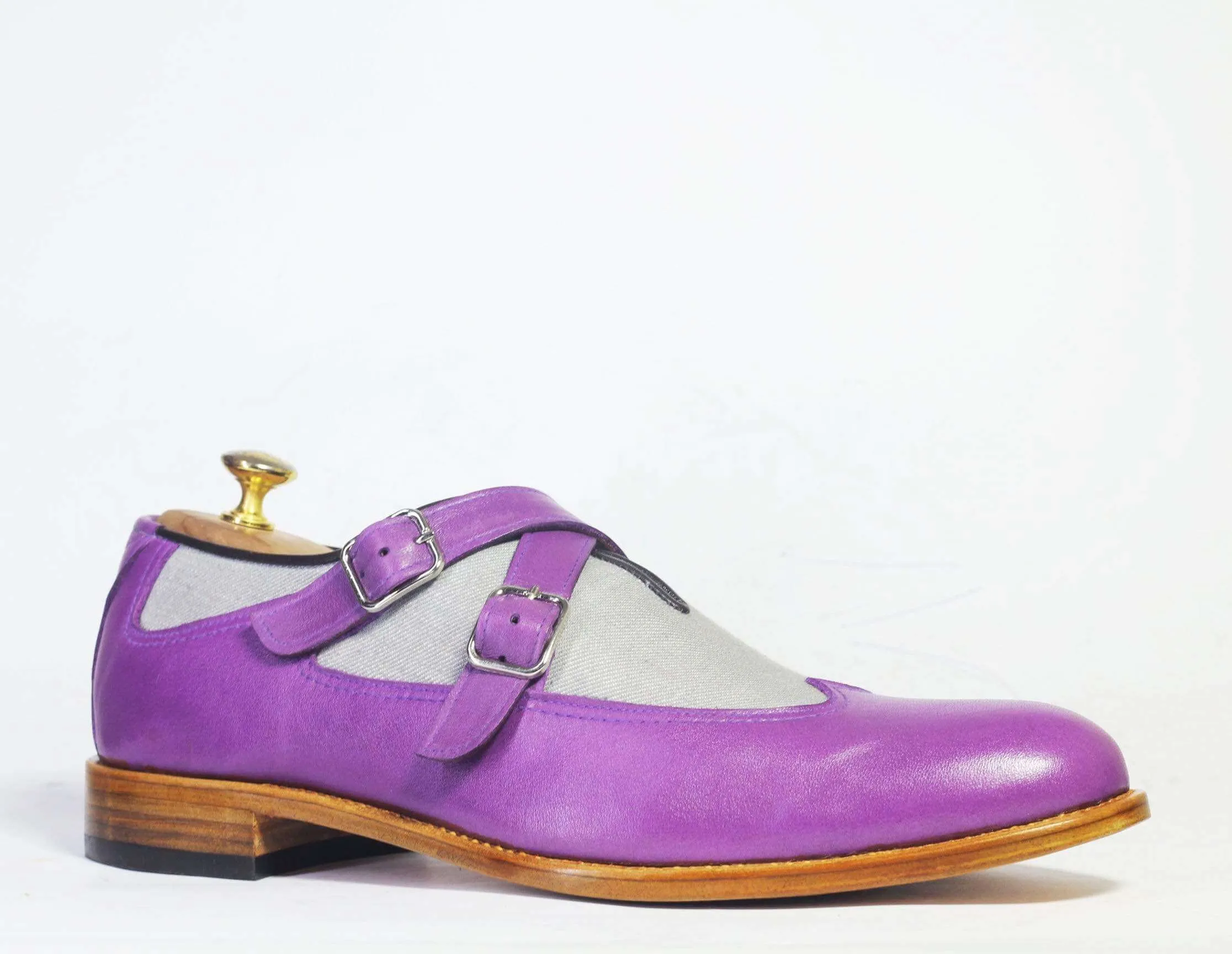 Men's Purple Gray Monk Straps Leather Denim Shoe