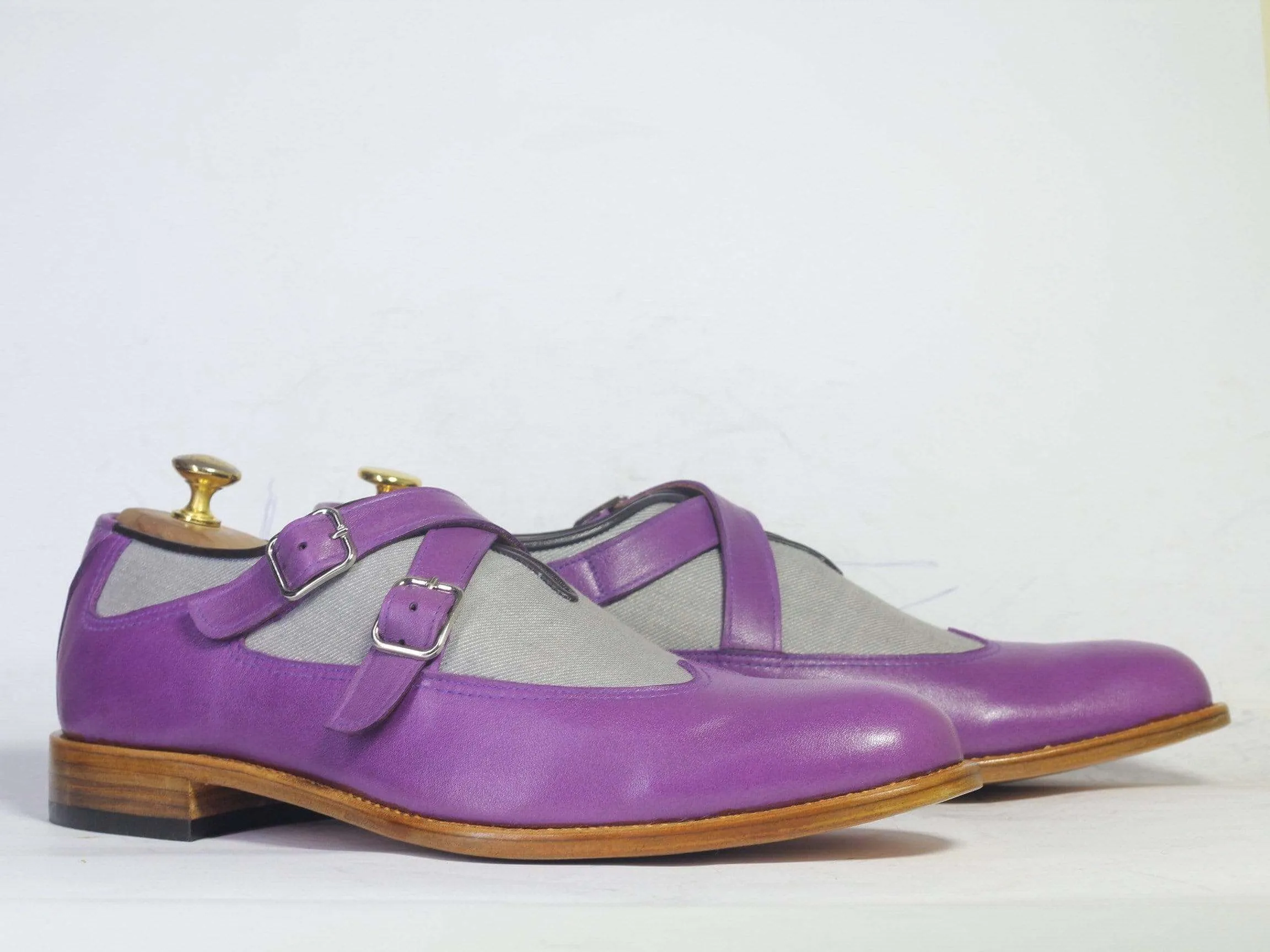 Men's Purple Gray Monk Straps Leather Denim Shoe