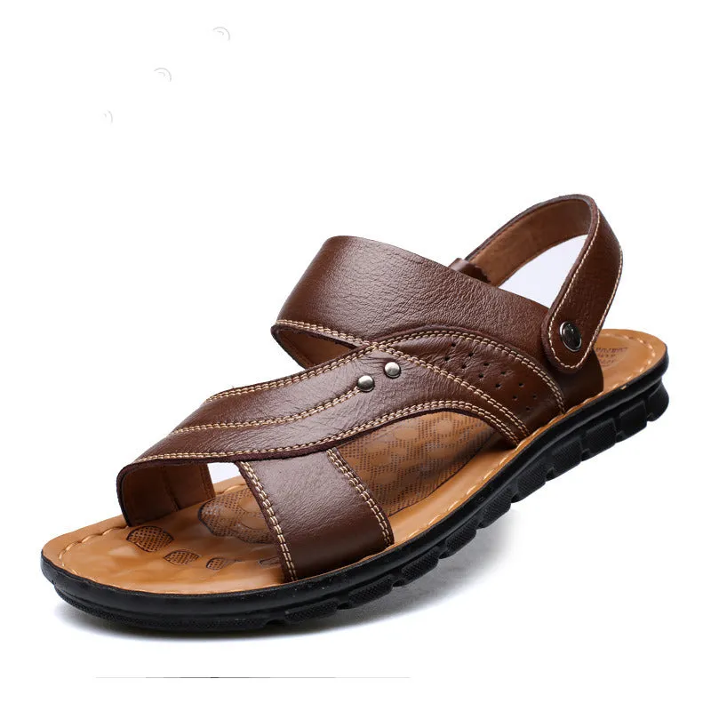 Men's Summer New Men's Sandals Men's Leather Beach Shoes Casual Men's Shoes Fashion Slippers Stripe Sandals