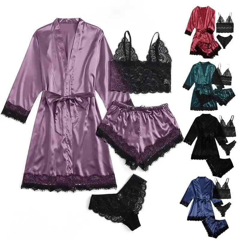 NANTEX OEM Nightwear Robe Femme Silk Pyjama Satin Sleepwear Women 4 Pieces Lace Pajamas Sexy Lingerie Set