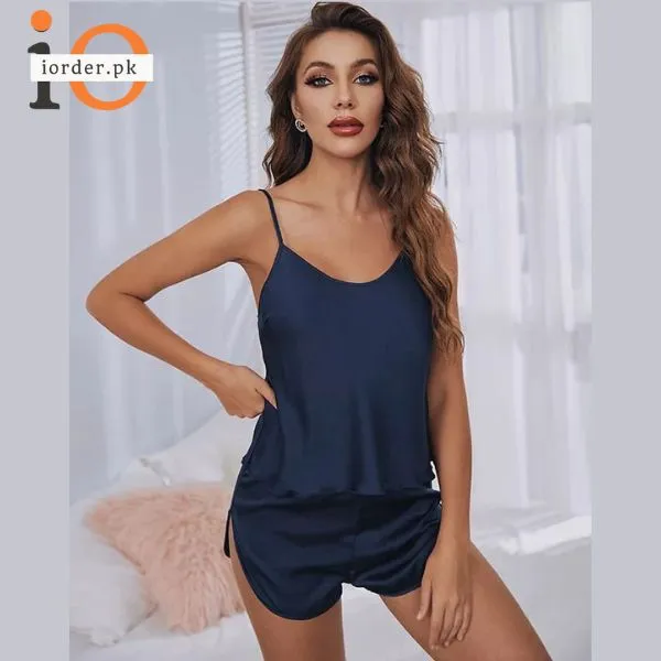 Navy Blue Women Sexy Satin Pajamas Sets Short Sling Top with Cami Shorts