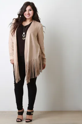 Patchwork Suede Fringe Hem Open Front Coat