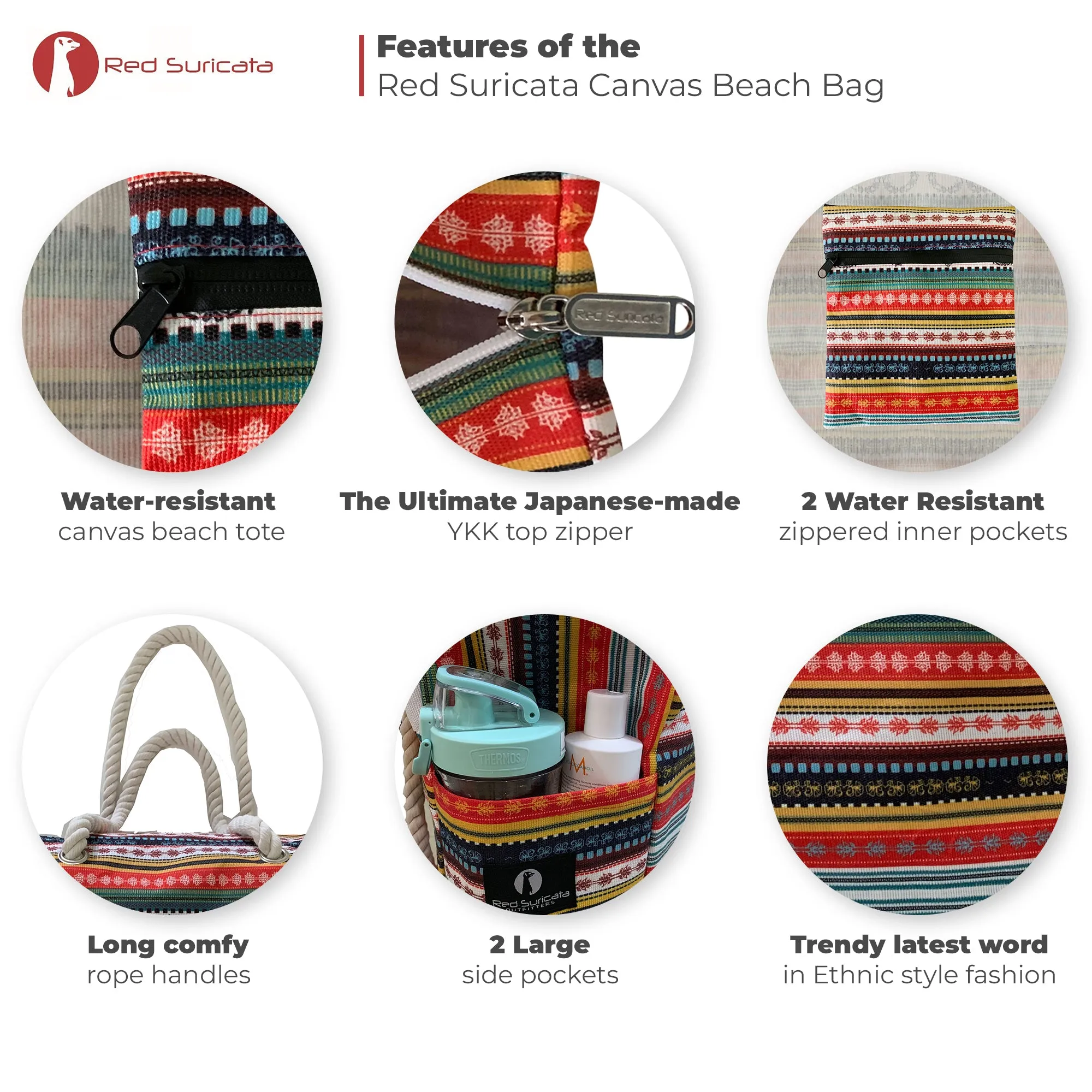 Red Suricata Paiute Style Large Waterproof Boho Beach Bag with Rope Handles