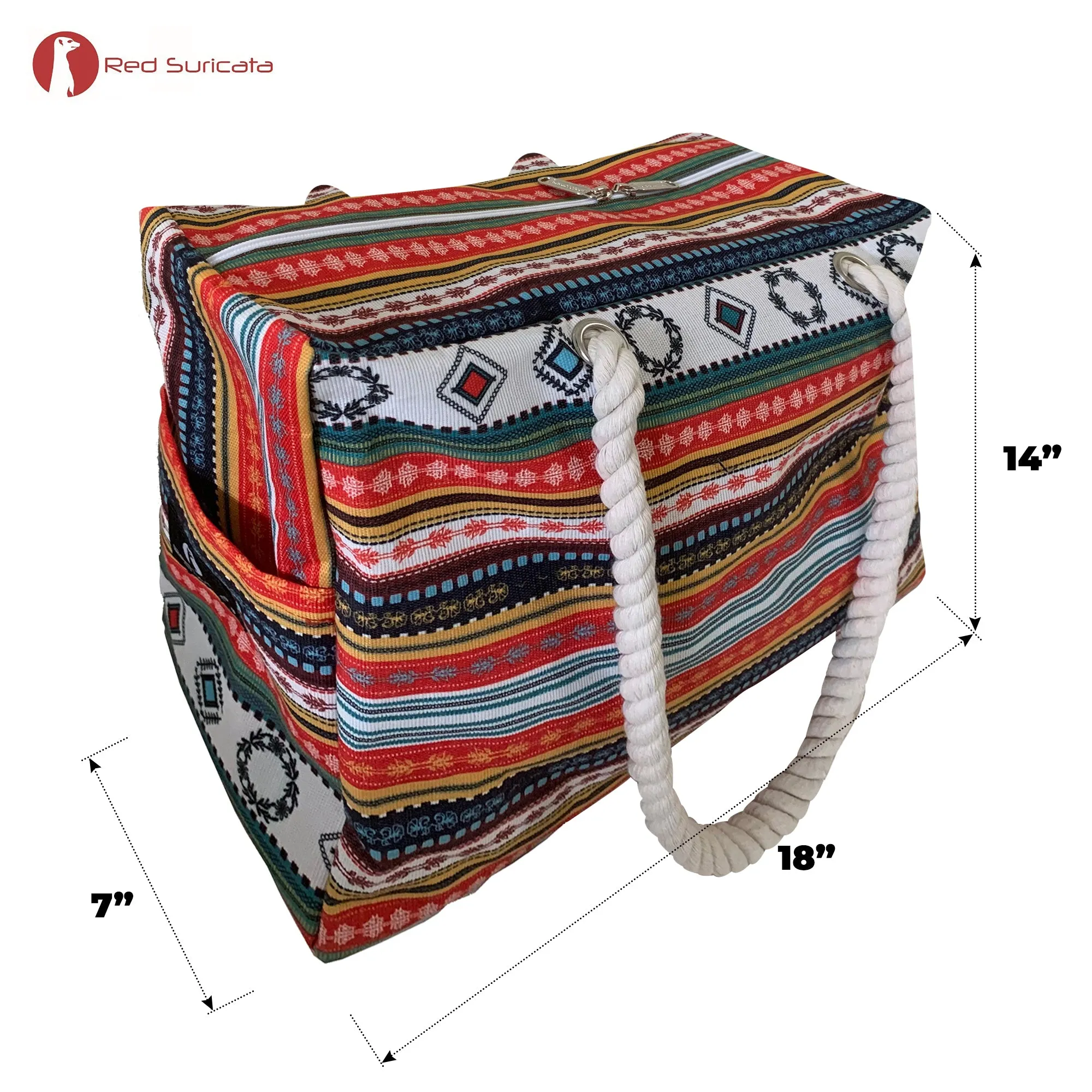 Red Suricata Paiute Style Large Waterproof Boho Beach Bag with Rope Handles