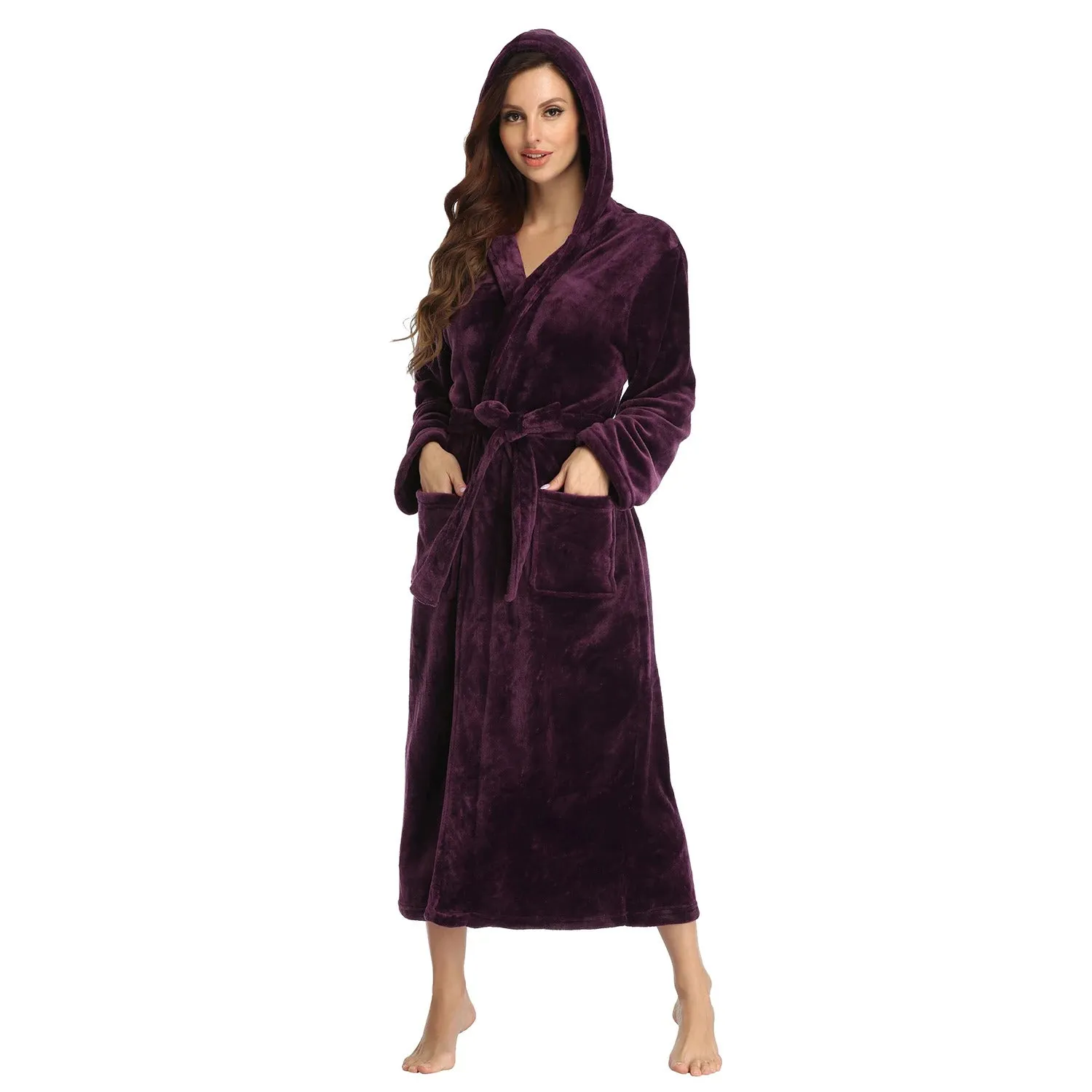 RONGTAI Womens Solid color Hooded Bathrobe Ladies Fleece Plush Warm Long Robes Fleece Nightgown Sleepwear