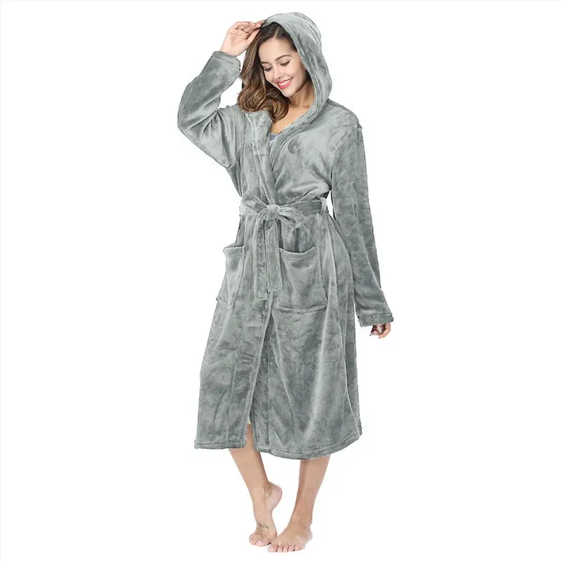 RONGTAI Womens Solid color Hooded Bathrobe Ladies Fleece Plush Warm Long Robes Fleece Nightgown Sleepwear