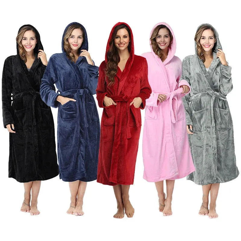 RONGTAI Womens Solid color Hooded Bathrobe Ladies Fleece Plush Warm Long Robes Fleece Nightgown Sleepwear