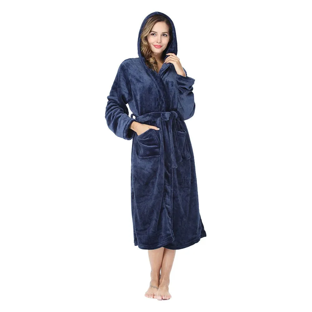 RONGTAI Womens Solid color Hooded Bathrobe Ladies Fleece Plush Warm Long Robes Fleece Nightgown Sleepwear