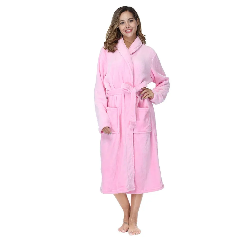 RONGTAI Women's solid color lapel bathrobe autumn and winter models facecloth warm and comfortable long-sleeved robe homewear