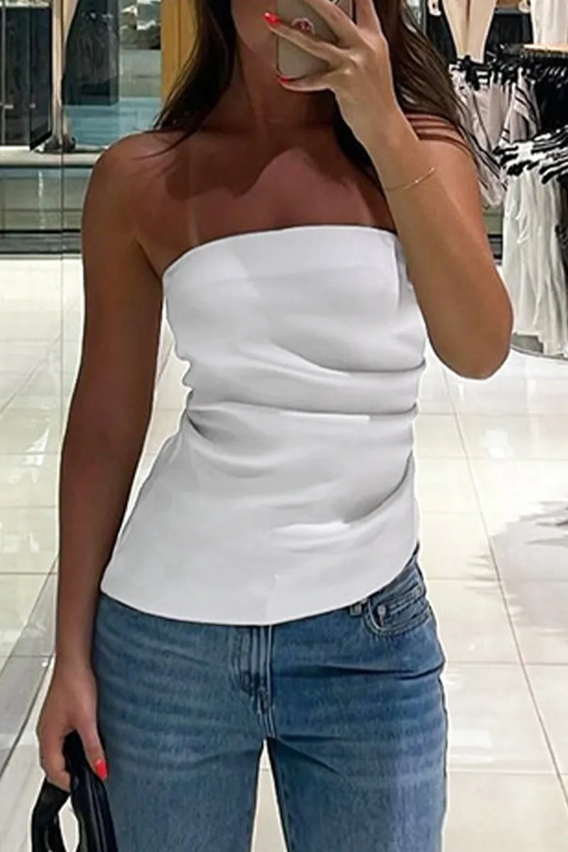 Sexy Solid Color Ruched Irregular Strapless Tops