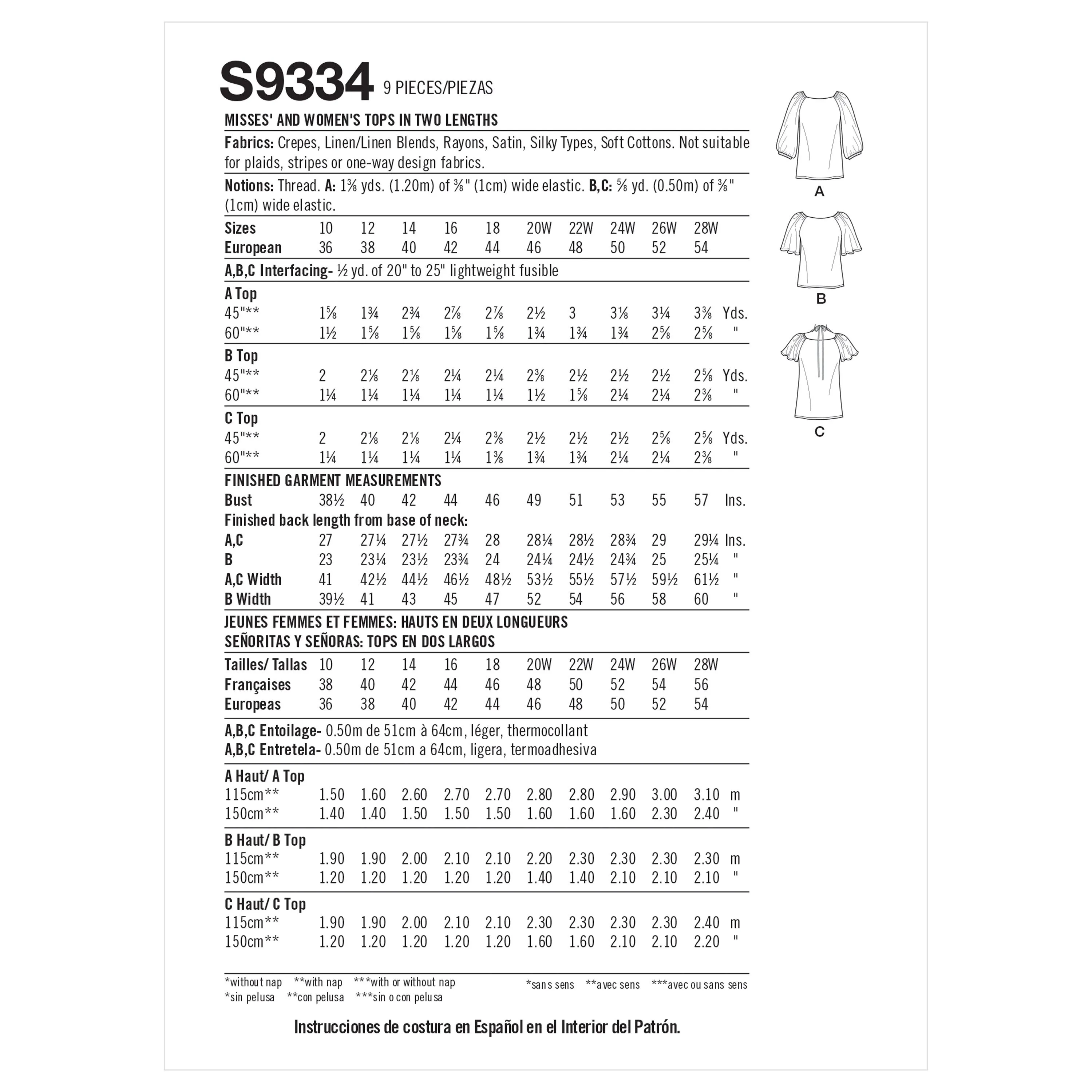 Simplicity Sewing Pattern S9334 Misses' and Women's Tops