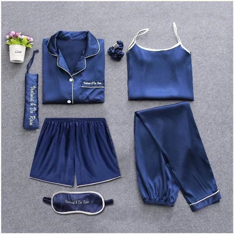 Sleepwear 7 Pieces Pajama Set Women Autumn Winter Sexy Pajamas Sets Sleep Suits Soft Sweet Cute Nightwear Gift Home Clothes