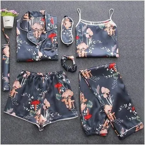 Sleepwear 7 Pieces Pajama Set Women Autumn Winter Sexy Pajamas Sets Sleep Suits Soft Sweet Cute Nightwear Gift Home Clothes