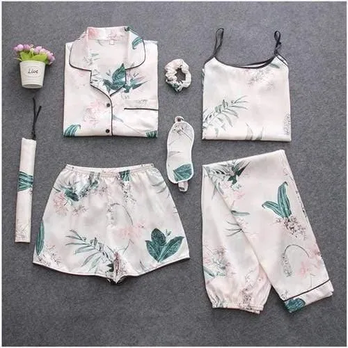 Sleepwear 7 Pieces Pajama Set Women Autumn Winter Sexy Pajamas Sets Sleep Suits Soft Sweet Cute Nightwear Gift Home Clothes