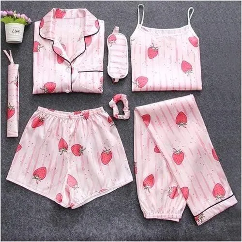 Sleepwear 7 Pieces Pajama Set Women Autumn Winter Sexy Pajamas Sets Sleep Suits Soft Sweet Cute Nightwear Gift Home Clothes