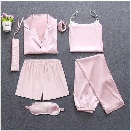 Sleepwear 7 Pieces Pajama Set Women Autumn Winter Sexy Pajamas Sets Sleep Suits Soft Sweet Cute Nightwear Gift Home Clothes