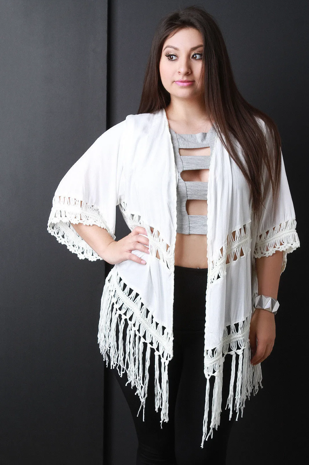 Solid Macrame Knit Fringe Kimono