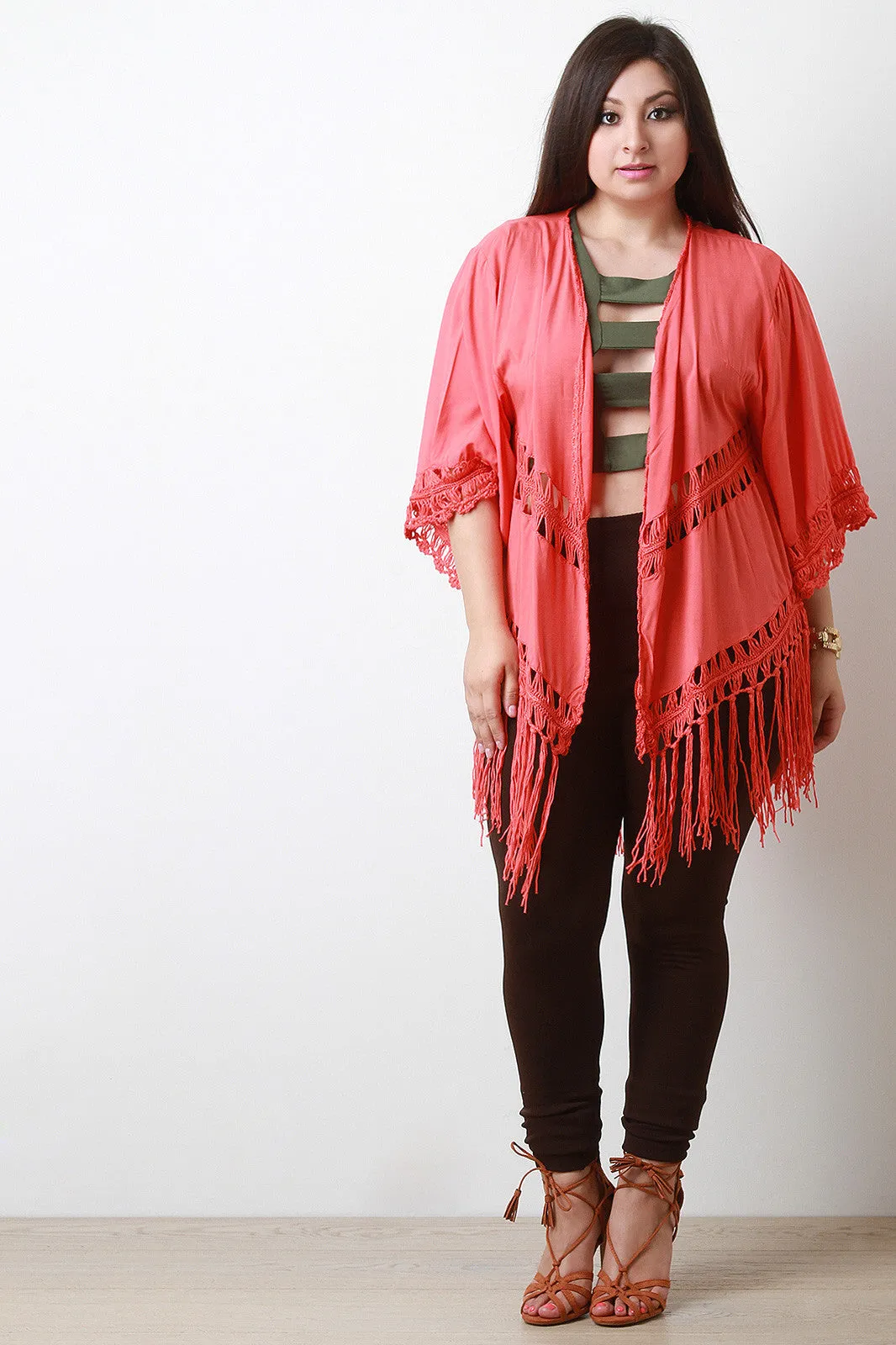 Solid Macrame Knit Fringe Kimono